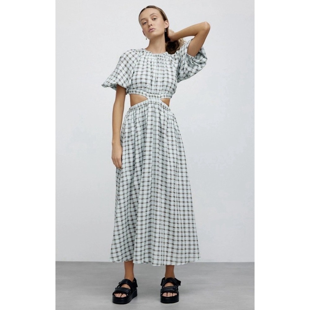 Midi Cutout Gingham Dress in Light Green